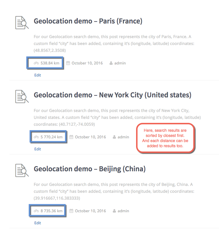 wpsolr geolocation search results with distance