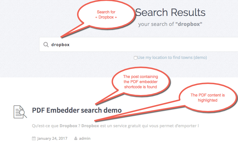 Post with PDF Embedder shortcode, displayed and highlighted in search results.
