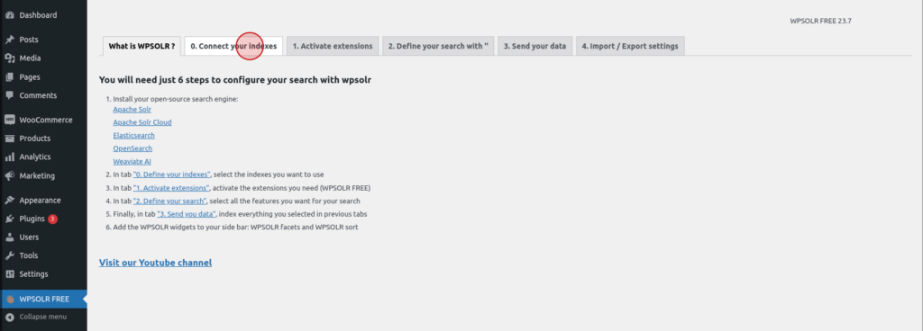 Open the indexes page in WPSolr dashboard.