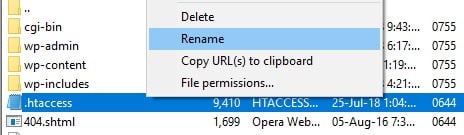 Rename .htacccess in .htaccess.bak with FileZilla