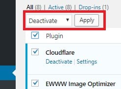 Deactivate plugins in WordPress dashboard
