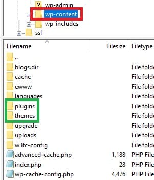 Navigate to the WordPress wp-content folder with FileZilla