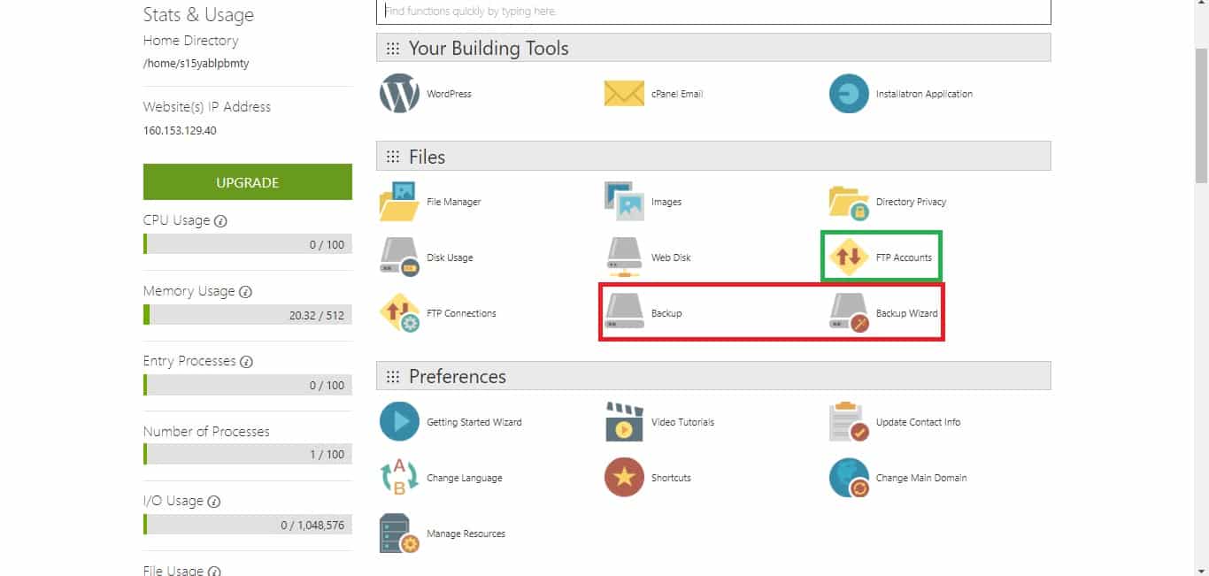 Backup or Backup Wizard options on your cPanel