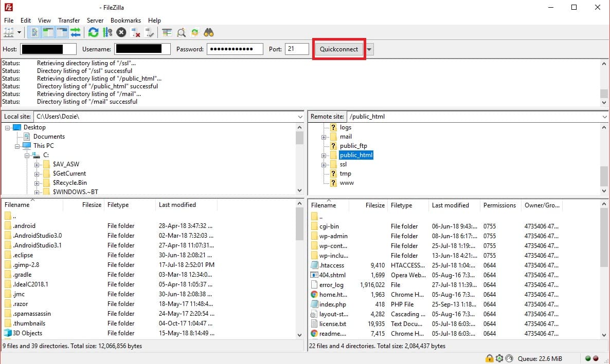 FileZilla FTP connect to your WordPress files