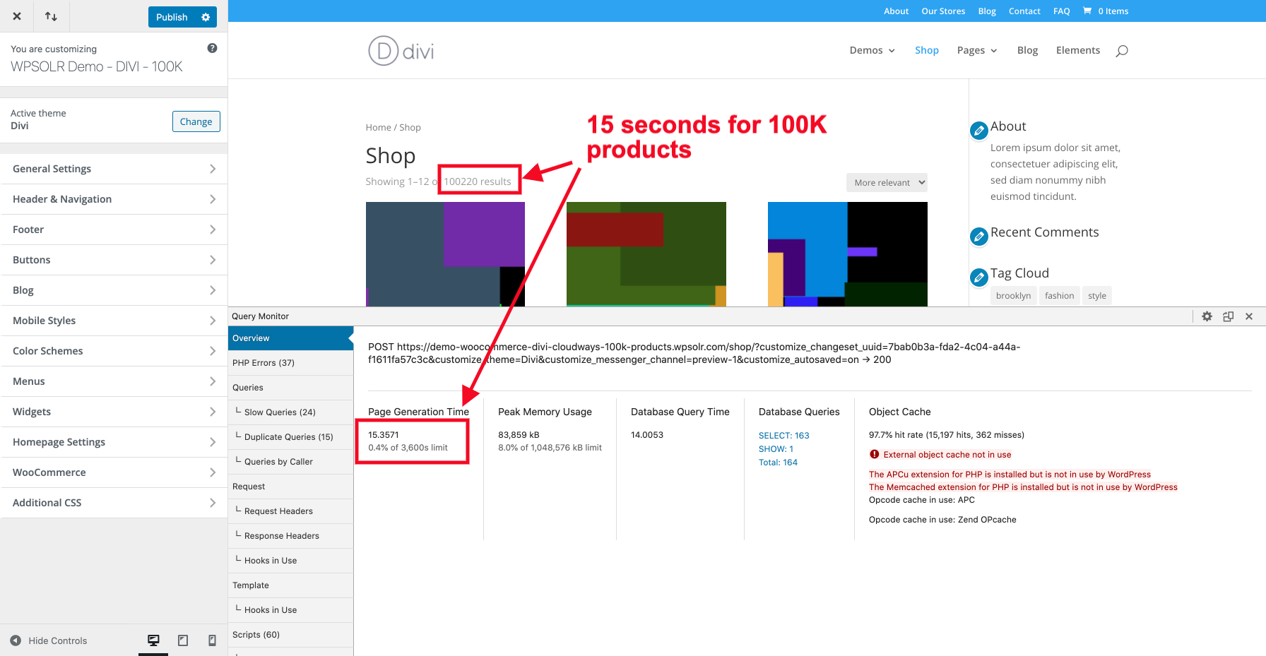 Image wpsolr-demo-divi-100k-15-seconds.png of How to fix Divi Builder Continuous Loading, Opening, Loading or Timeout Issues