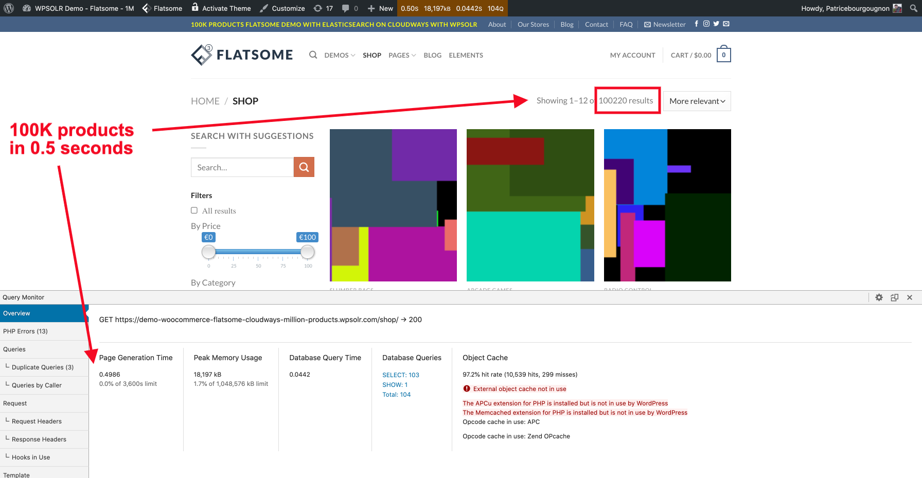 Image wpsolr-demo-flatsome-100k-sub-seconds.png of How to fix Divi Builder Continuous Loading, Opening, Loading or Timeout Issues