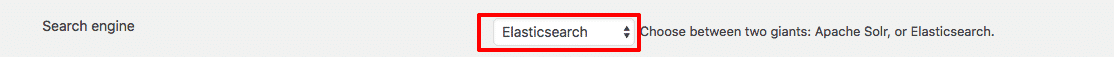 WPSOLR admin: select search engine "Elasticsearch"
