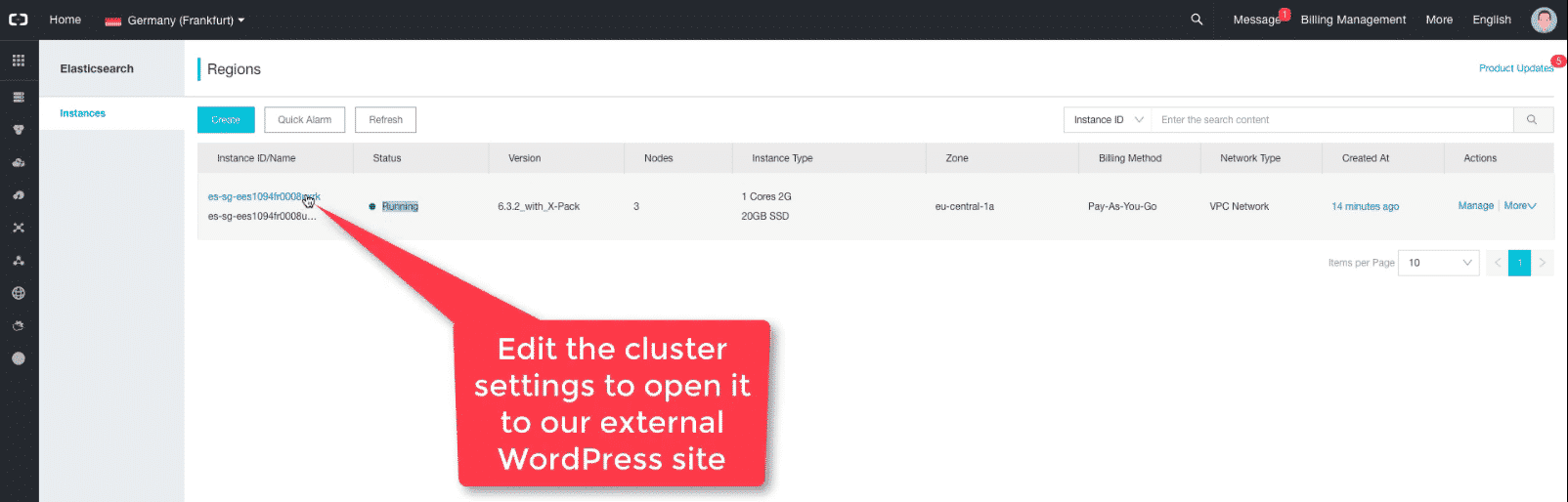 Alibaba Cloud Elasticsearch: open cluster settings