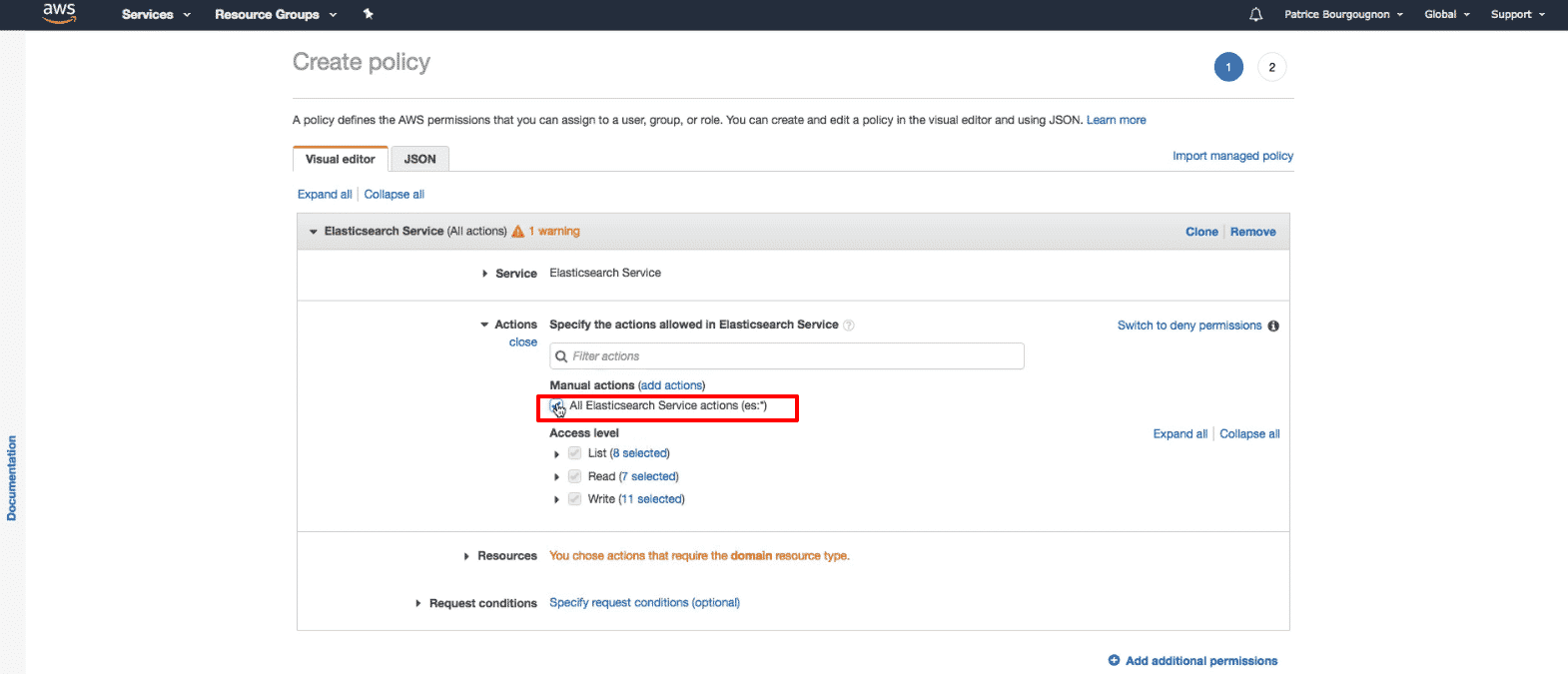 Amazon Elasticsearch: new policy select all actions