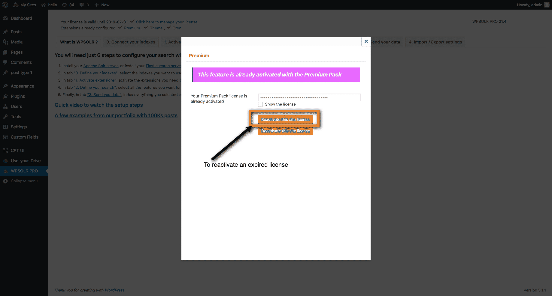 Image wpsolr-admin-reactivate-button.png of