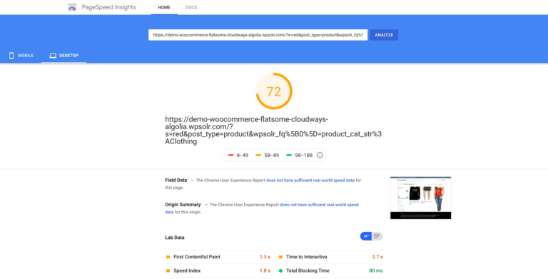 Image demo-wpsolr-kinsta-flatsome-algolia-search-pagespeed-desktop-768x391.png of WPSOLR Flatsome demo on Cloudways with Algolia