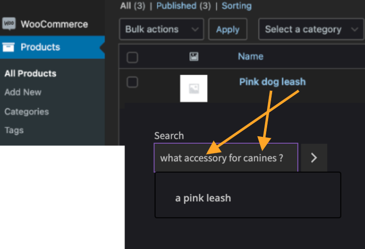 Image weaviate-questions-answers-what-accessory-for-canines.png of Suggest available colors from WooCommerce products title and content with Weaviate