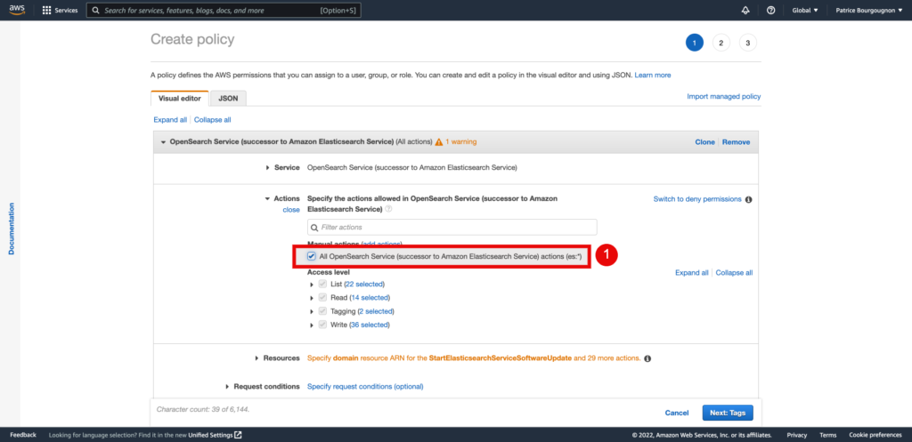 Image wpsolr-amazon-cluster-new-policy-add-all-actions-1024x497.png of Create an Amazon AWS OpenSearch index