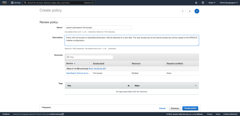 Image wpsolr-amazon-cluster-new-policy-review-1024x497.png of Create an Amazon AWS OpenSearch index