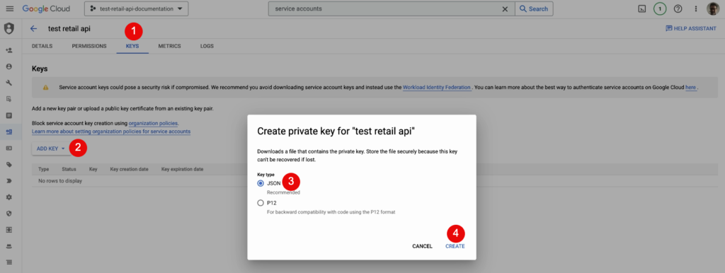 Image wpsolr-google-retail-project-service-account-create-key-1024x386.png of Create a Google Retail search index