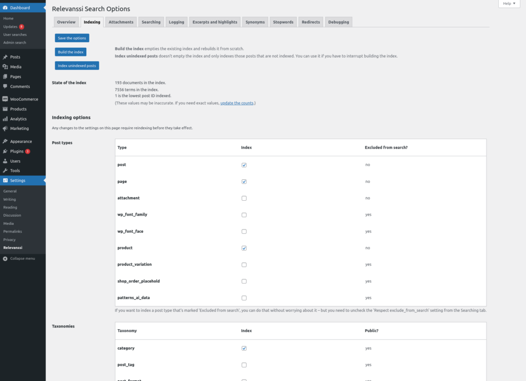 Relevanssi settings : index any WordPress data type.