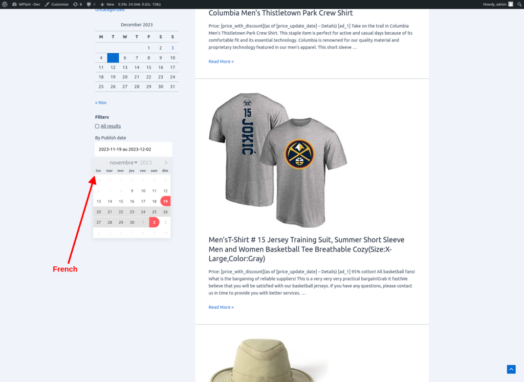 This image shows the date picker facet in the blog page. All the text inside the Flatpickr calendar appears in French.