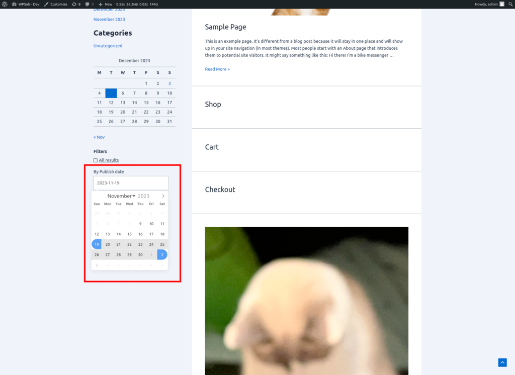 The datepicker has been clicked on and is now open. We can see that the flatpickr window appeared and the user can select a range in the calendar.
