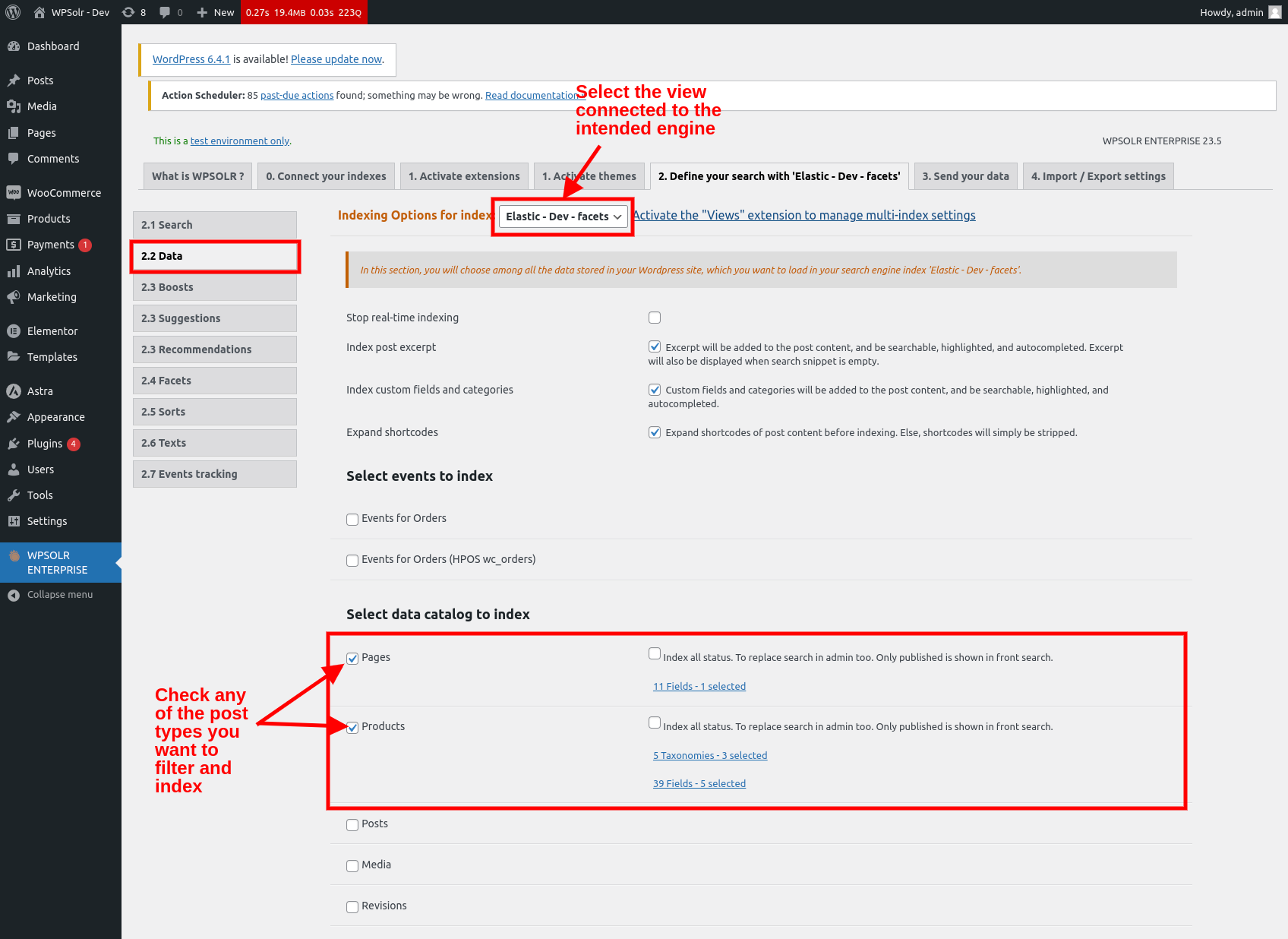 In the "2.2 Data" tab and under "Select data catalog to index", check the checkboxes of the post-types you want to filter.