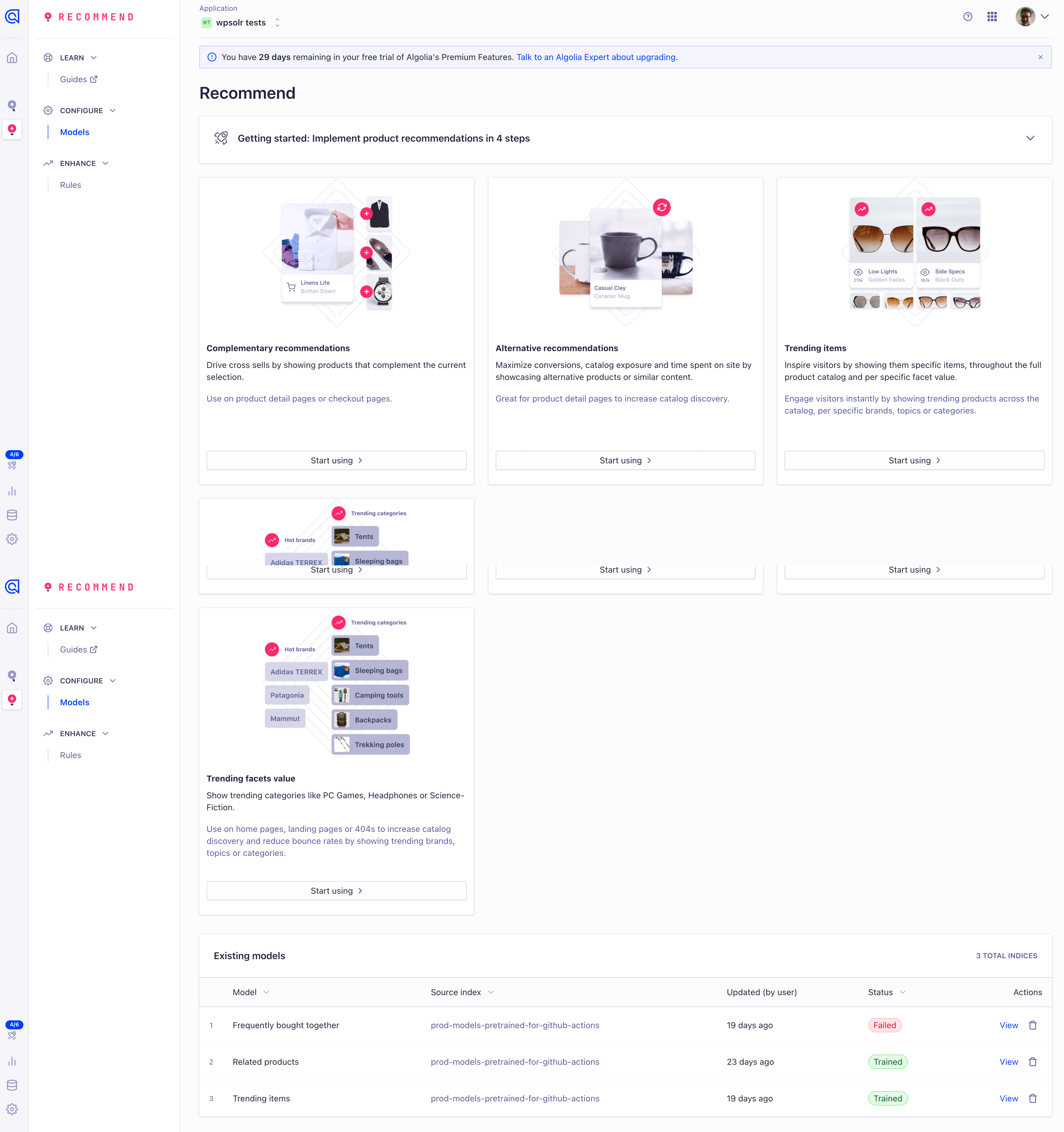 Image wpsolr-algolia-recommend-dashboard.png of Algolia - Recommend and Personalized search