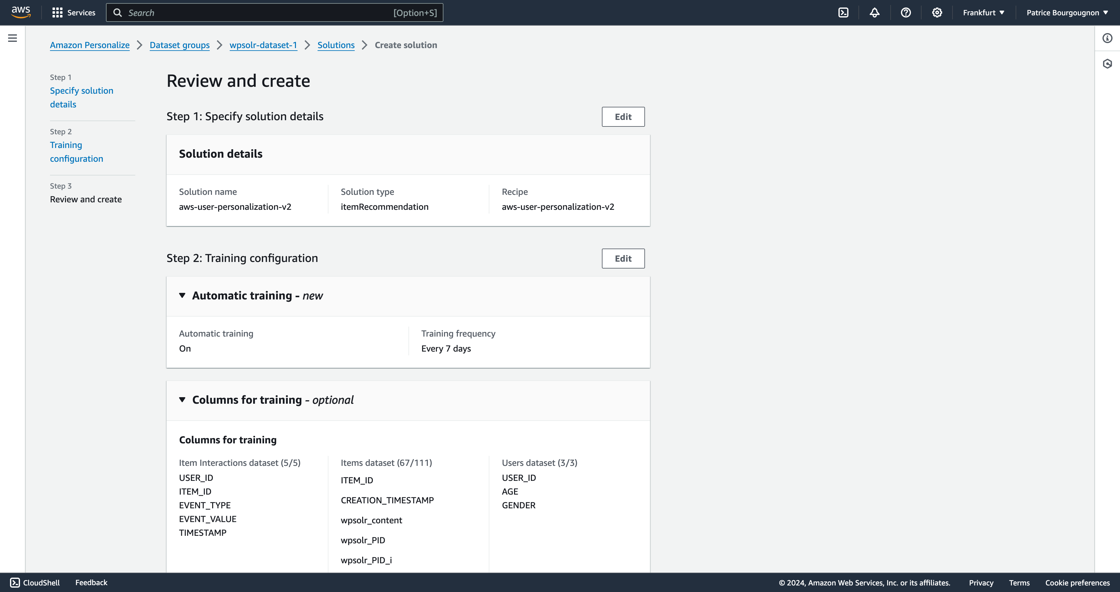 Image wpsolr-amazon-personalize-crete-solution-summary.png of Amazon Personalize