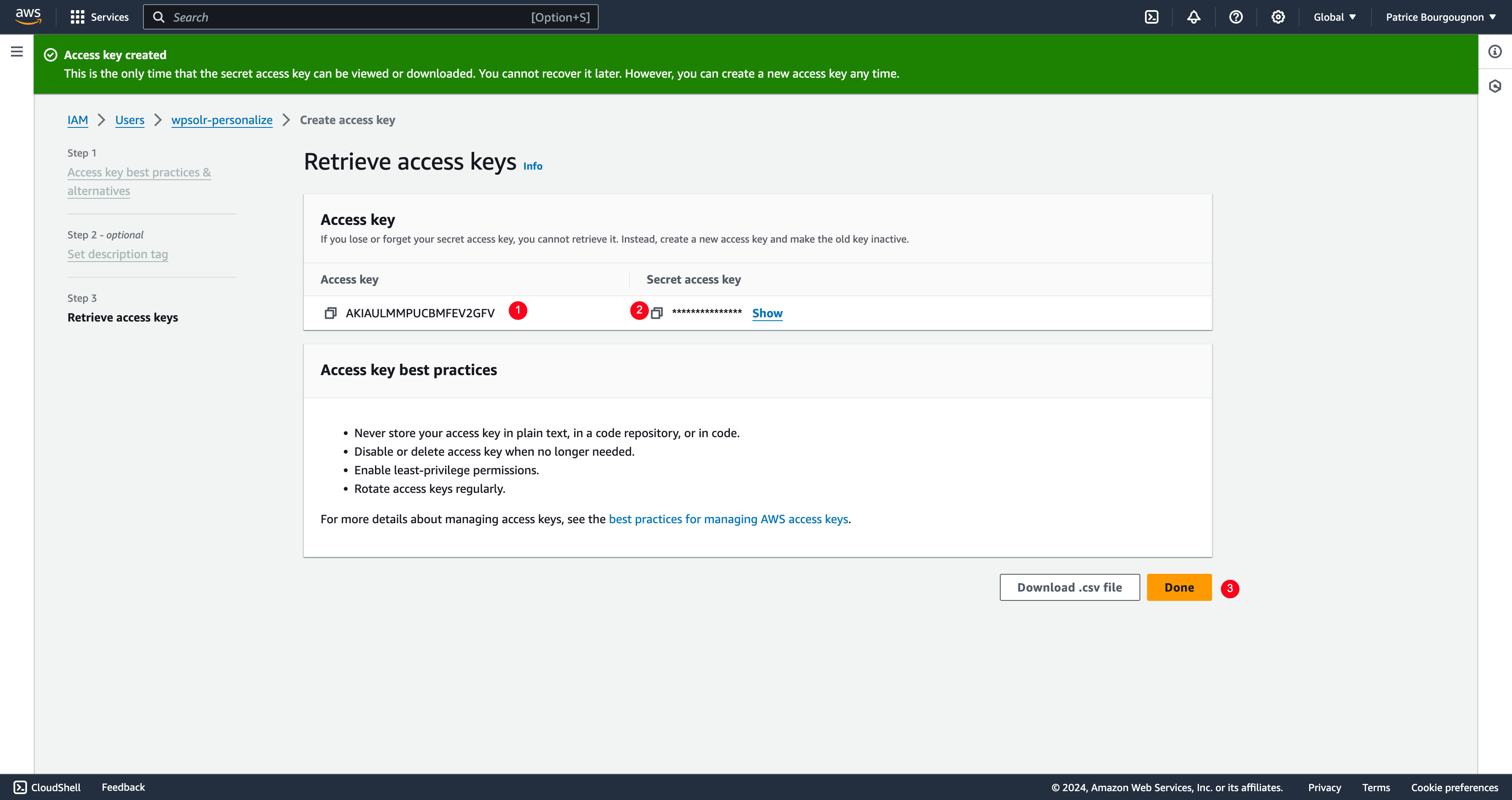 Image wpsolr-amazon-personalize-iam-user-access-key-retrieve.png of Amazon Personalize