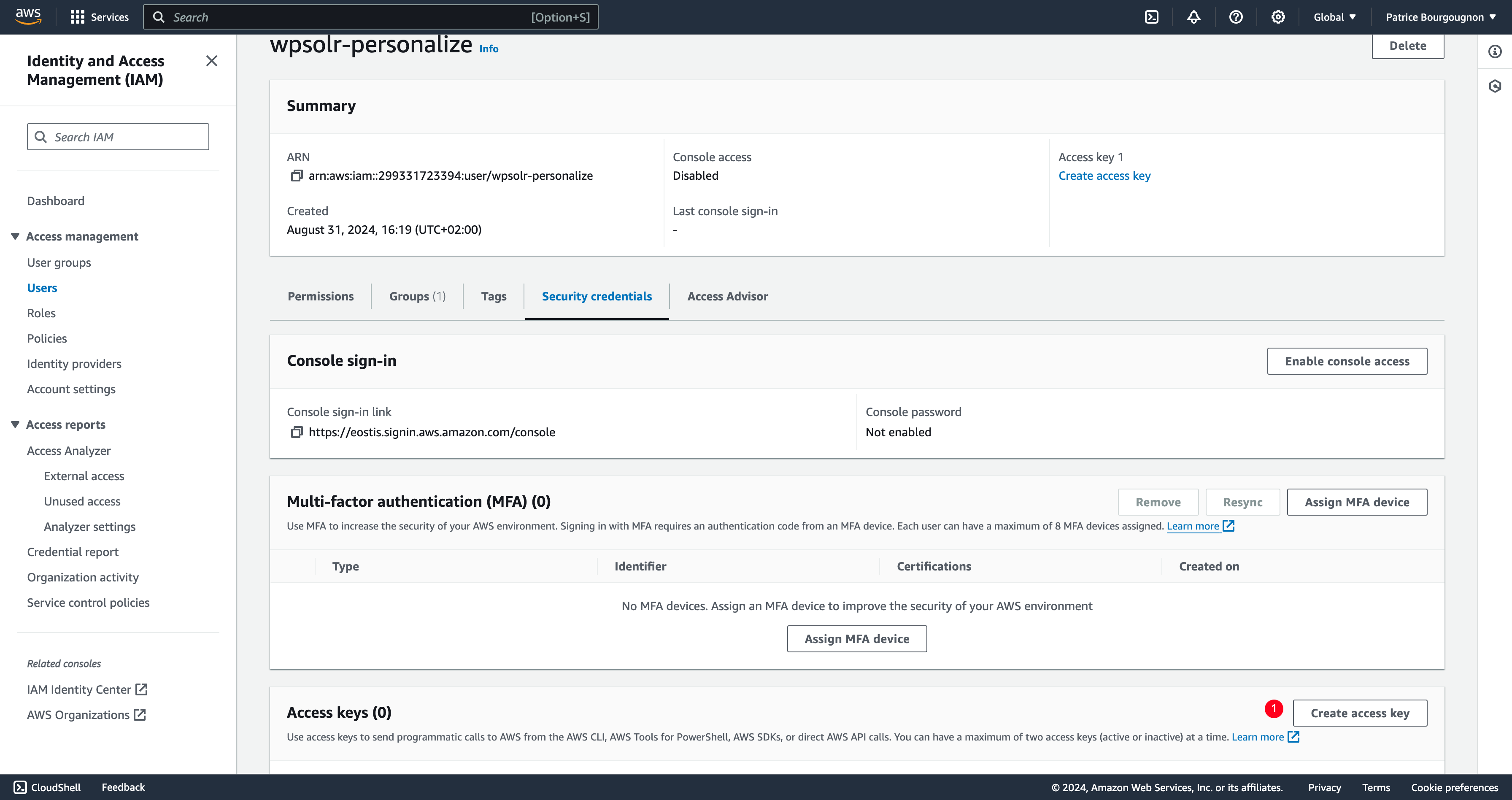 Image wpsolr-amazon-personalize-iam-user-access-key.png of Amazon Personalize