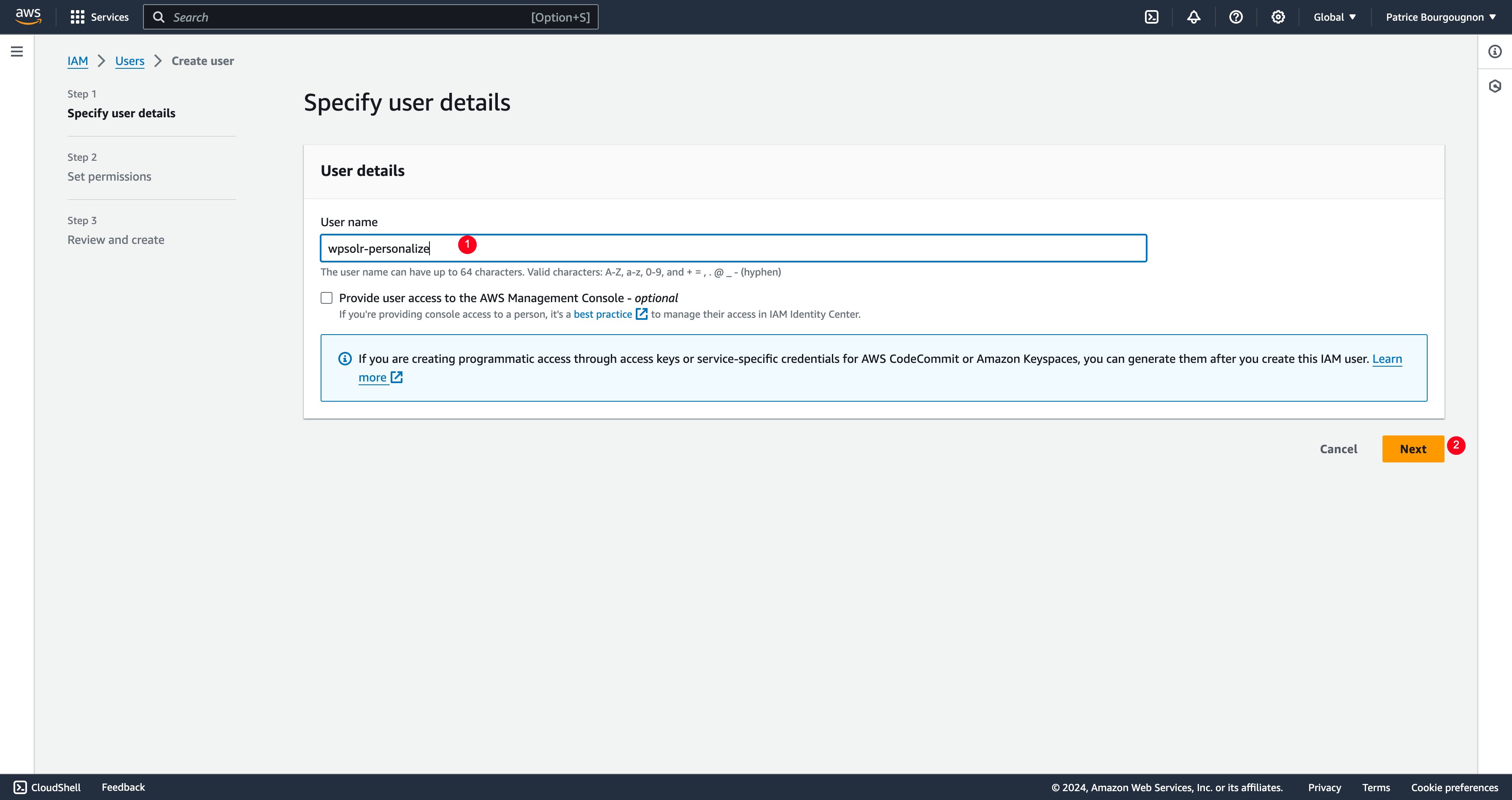 Image wpsolr-amazon-personalize-iam-user-details.png of Amazon Personalize