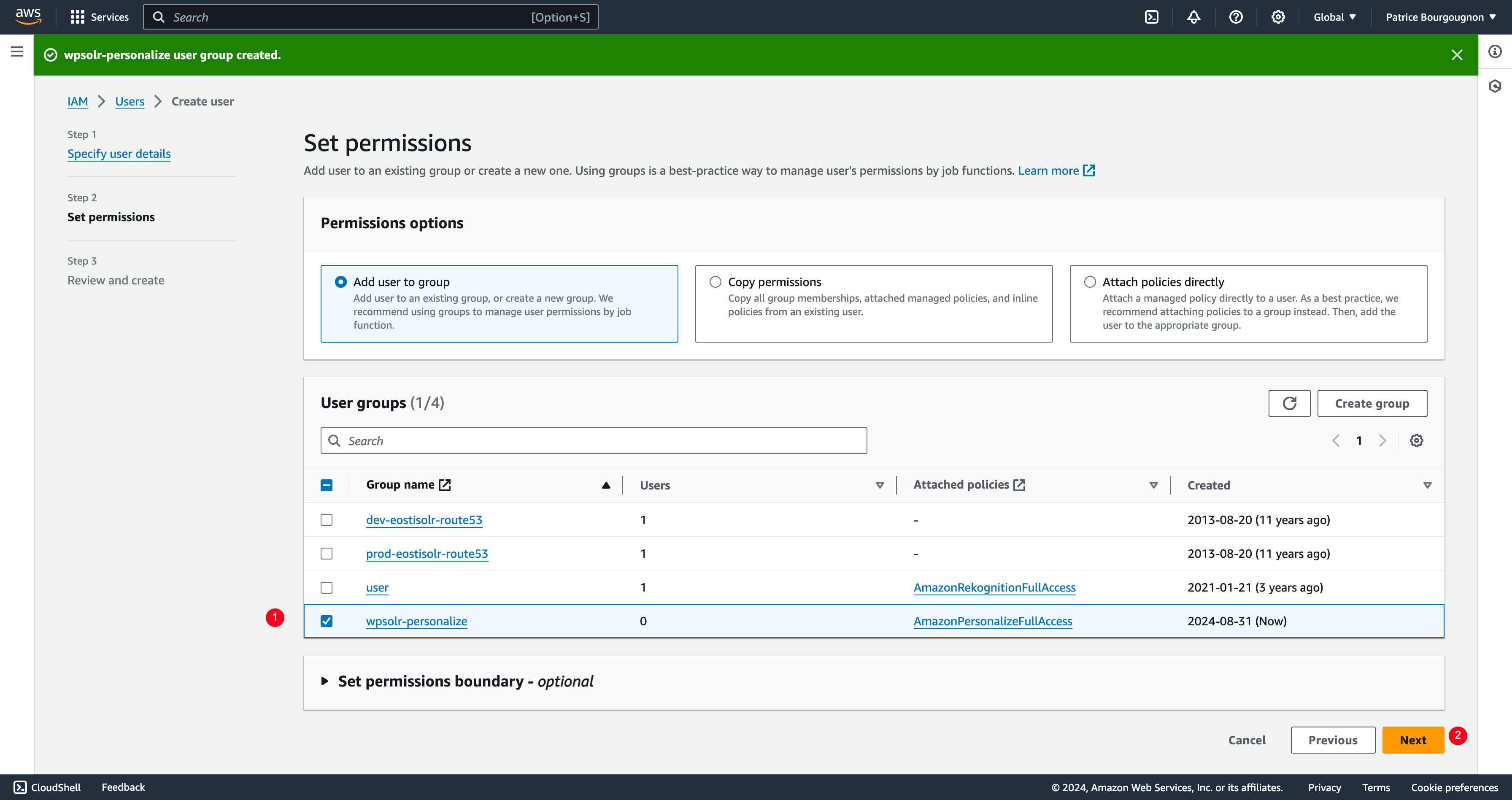 Image wpsolr-amazon-personalize-iam-user-group-choose.png of Amazon Personalize