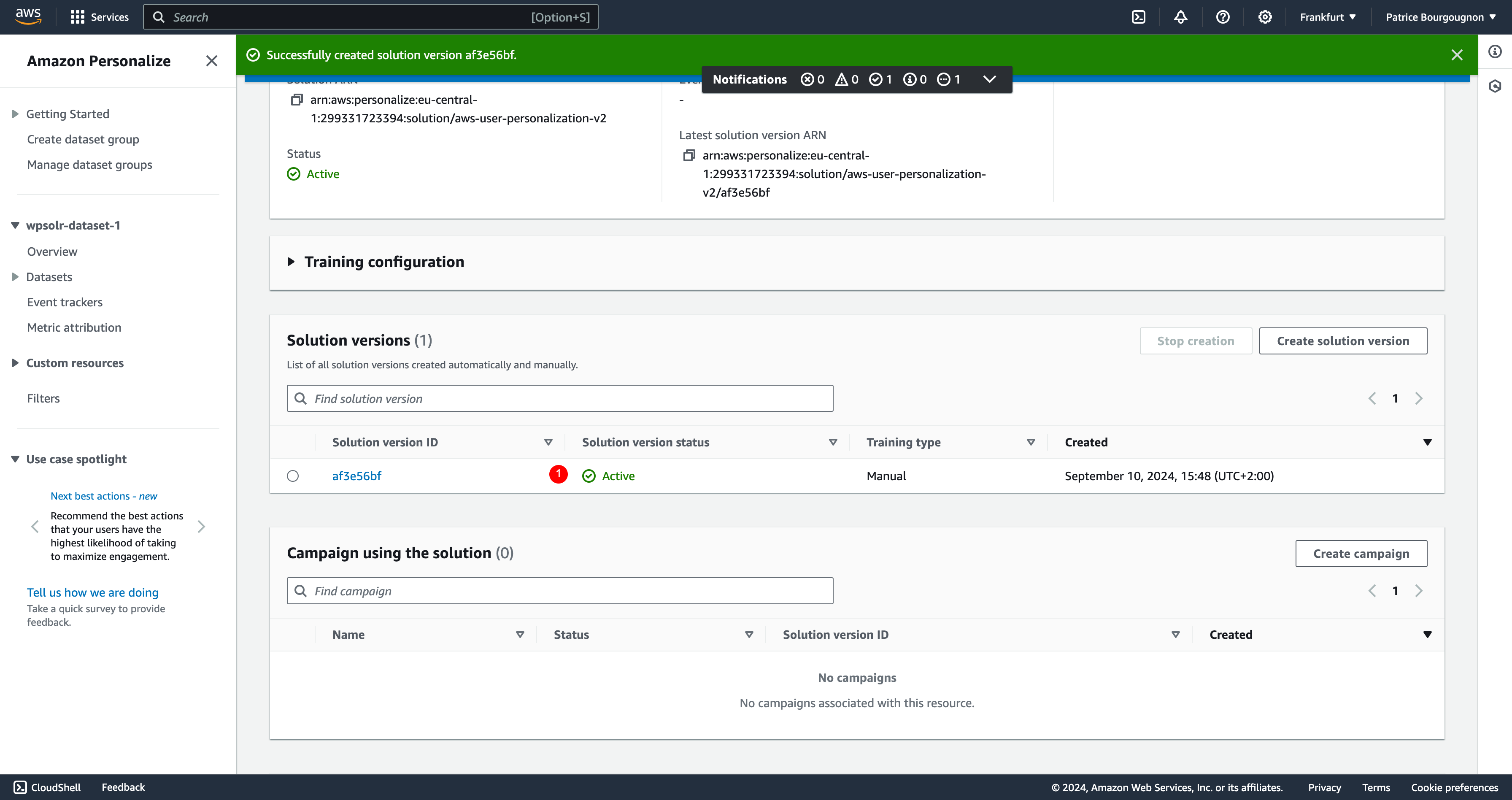 Image wpsolr-amazon-personalize-train-solution-active.png of Amazon Personalize