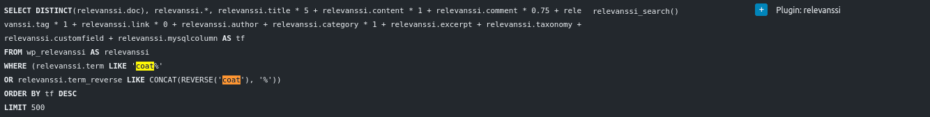 Relvanssi SQL query in query monitor