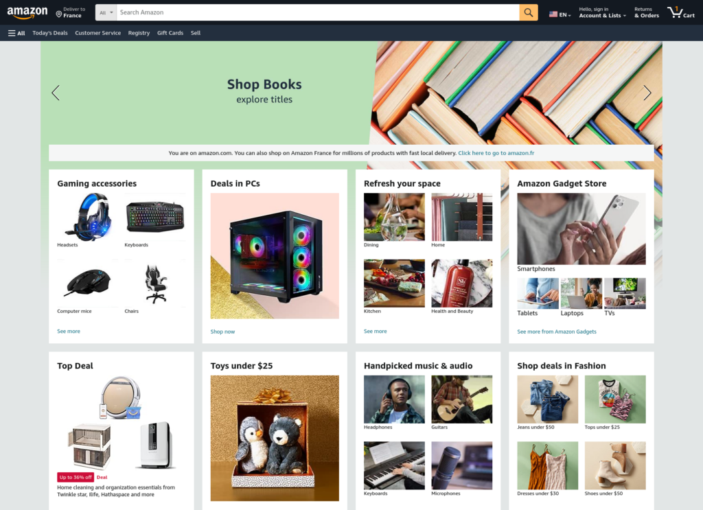 Screenshot of the Amazon homepage.