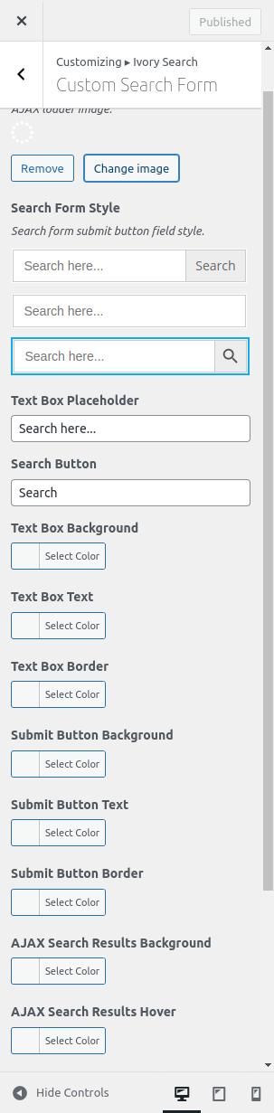 Customize Ivory search appearance using the WordPress customization page.