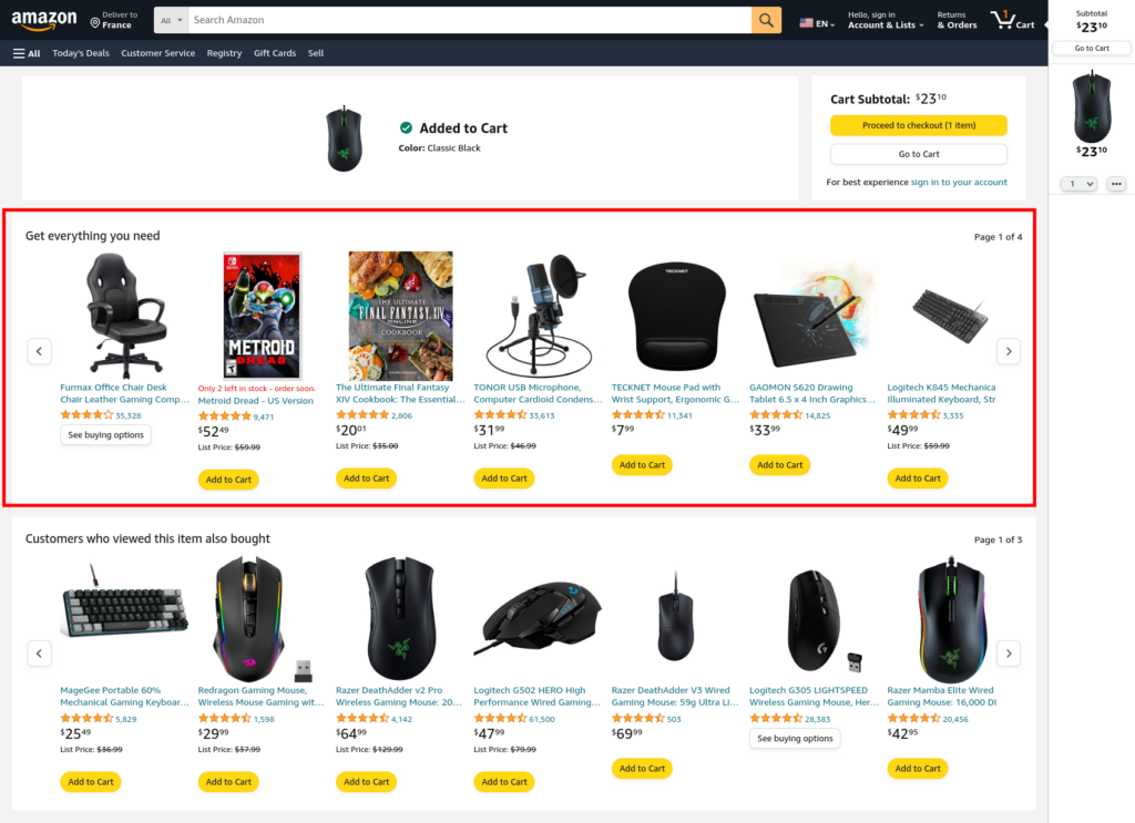 Screenshot of Amazon recommendations after adding item to cart