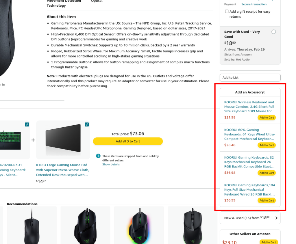 Screenshot of Amazon 'Cross_sell' recommendation in product detailed view