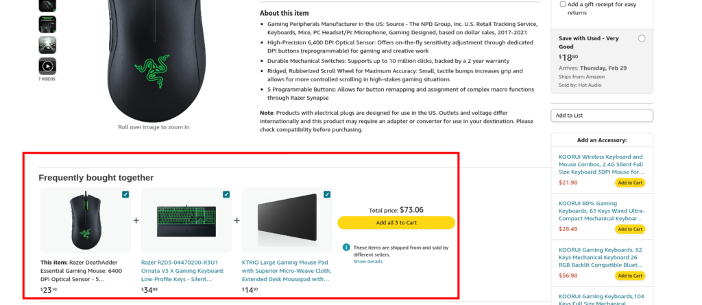 Screenshot of Amazon 'frequently bought together' recommendation in detailed product view