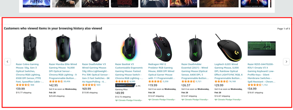 Screenshot of Amazon recommendations based on user history in personalized dashboard