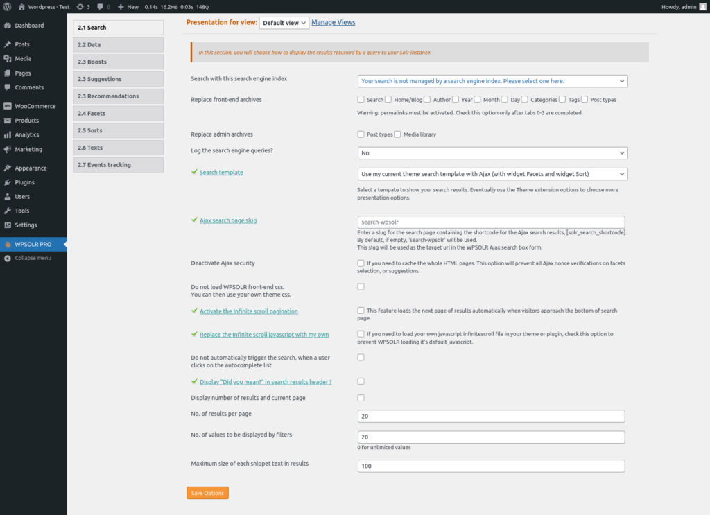 Screenshot of the '2.1' page of the WPSolr dashboard