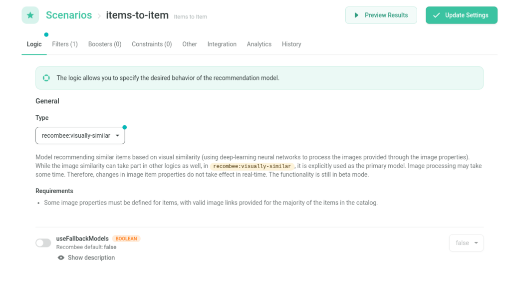 Activate "visually similar" model in Recombee dashboard