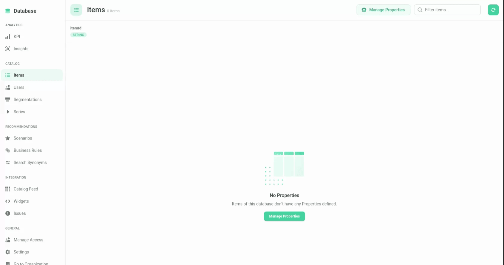 Recombee dashboard - The items have been created