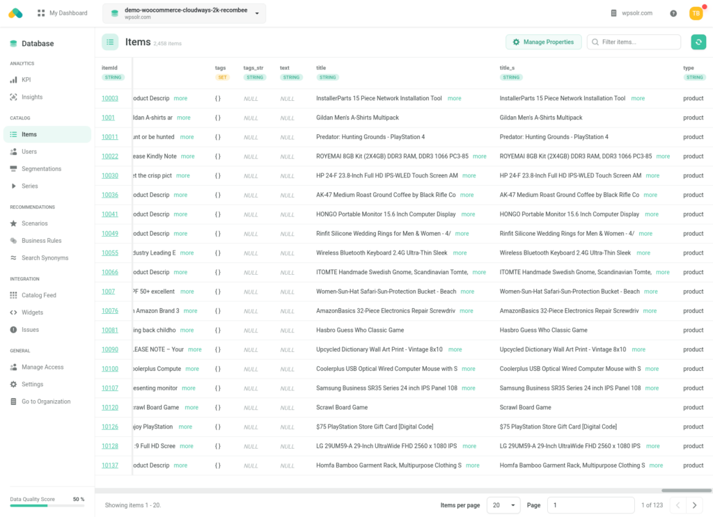 Screenshot of the items in the dashboard