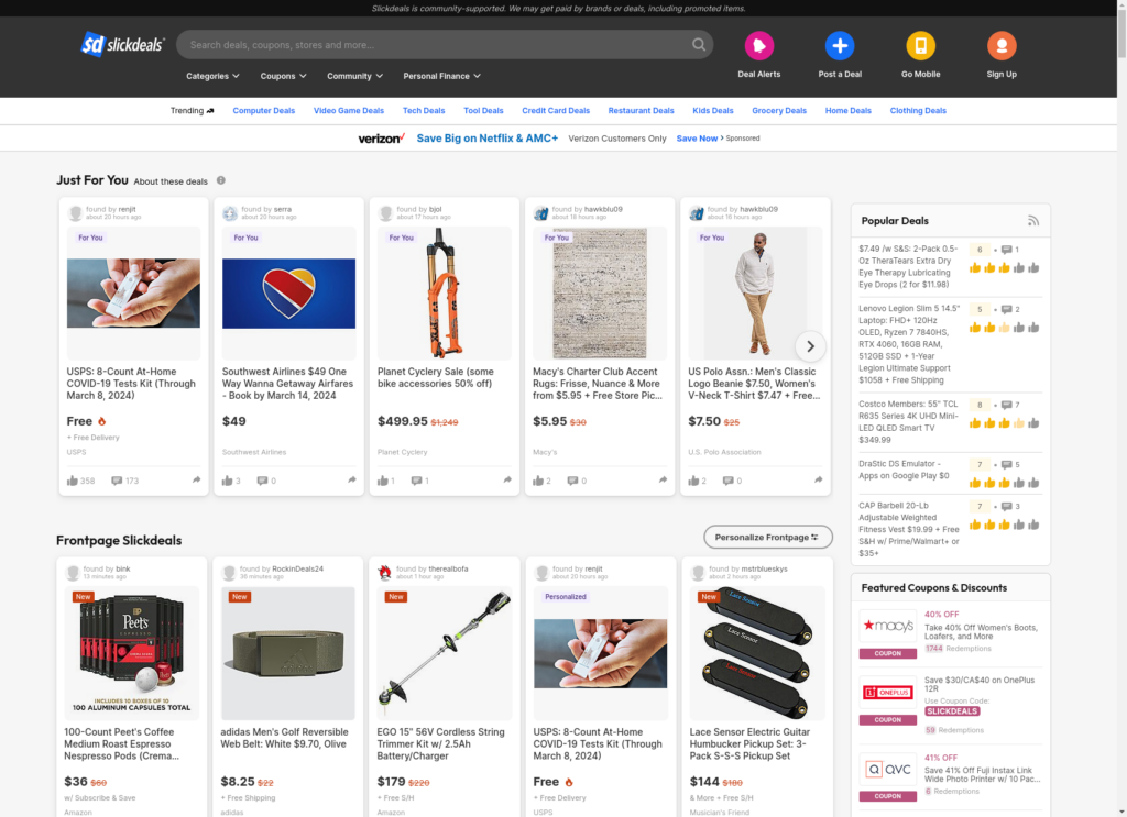 Screenshot of slickdeals homepage.