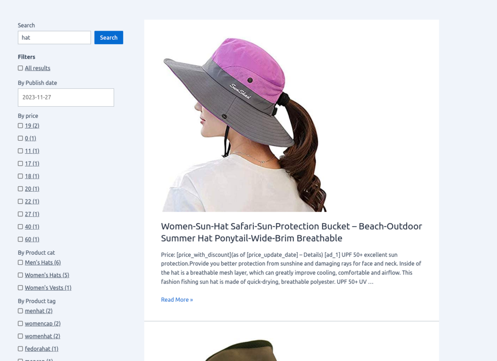 The user has searched for hat in WordPress using WPSolr