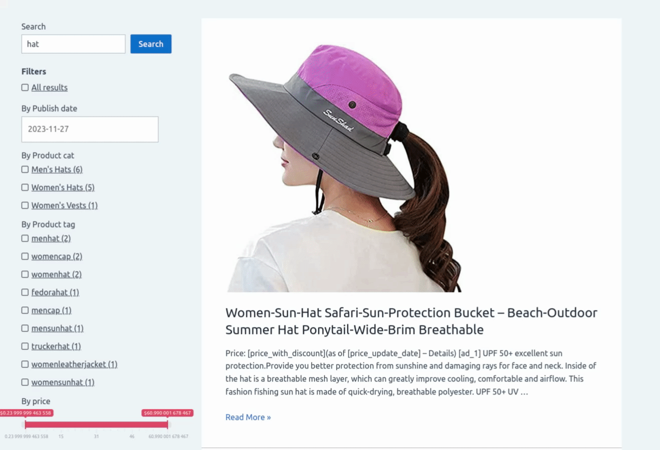 The visitor uses facets to filter their "hat" search results in a WordPress website using WPSolr