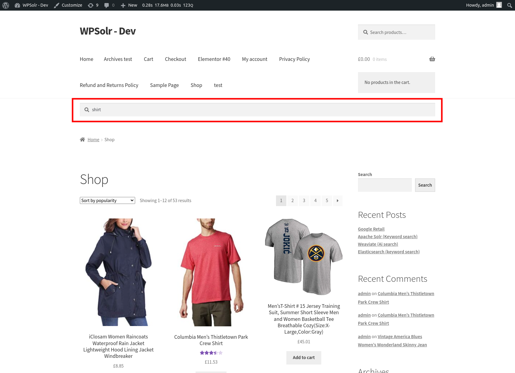 The user enters the term "shirt" in the WordPress search bar.