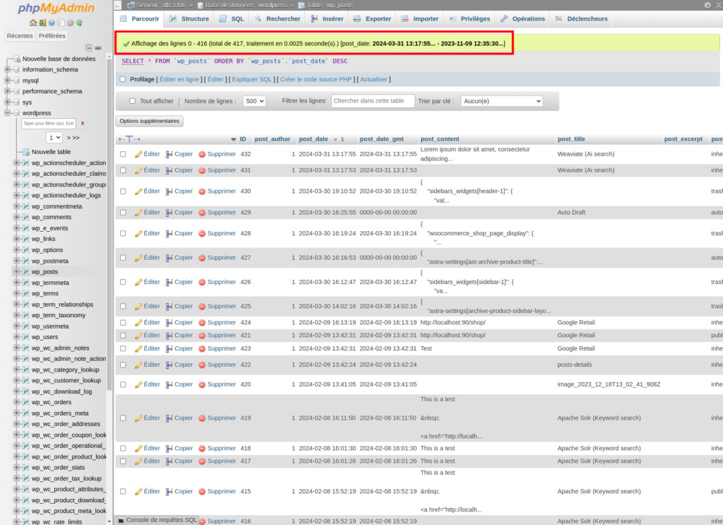 Phpmyadmin screenshot : 416 rows in wp_posts table