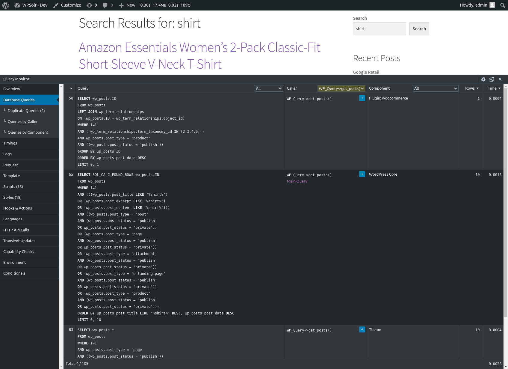 Query monitor screenshot : All WP_Query get_posts SQL queries