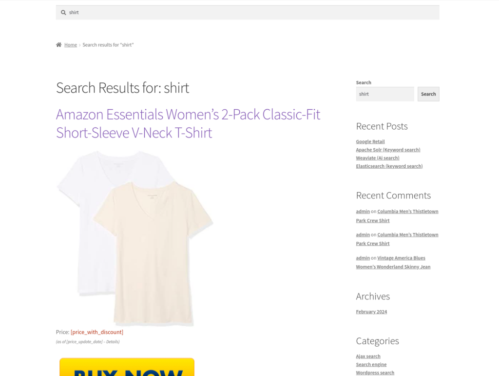 Wordpress default search results for term "shirt".