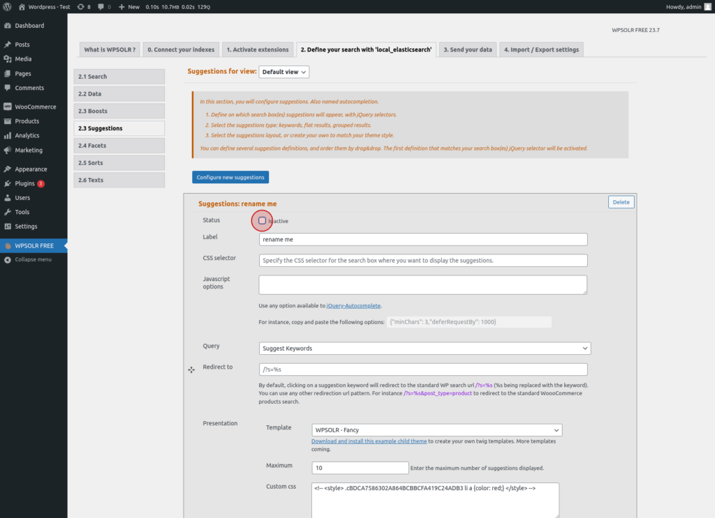 WPSolr : Toggle "Activate suggestion" Switch
