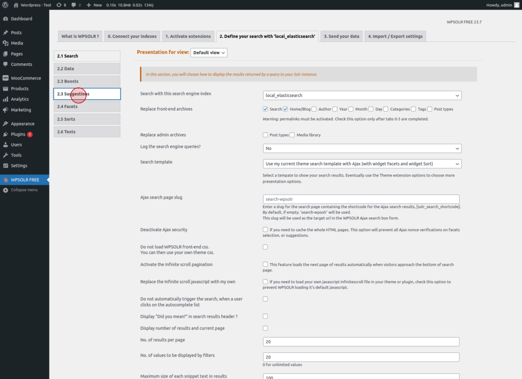 WPSolr : Click on the 2.3 Suggestions tab
